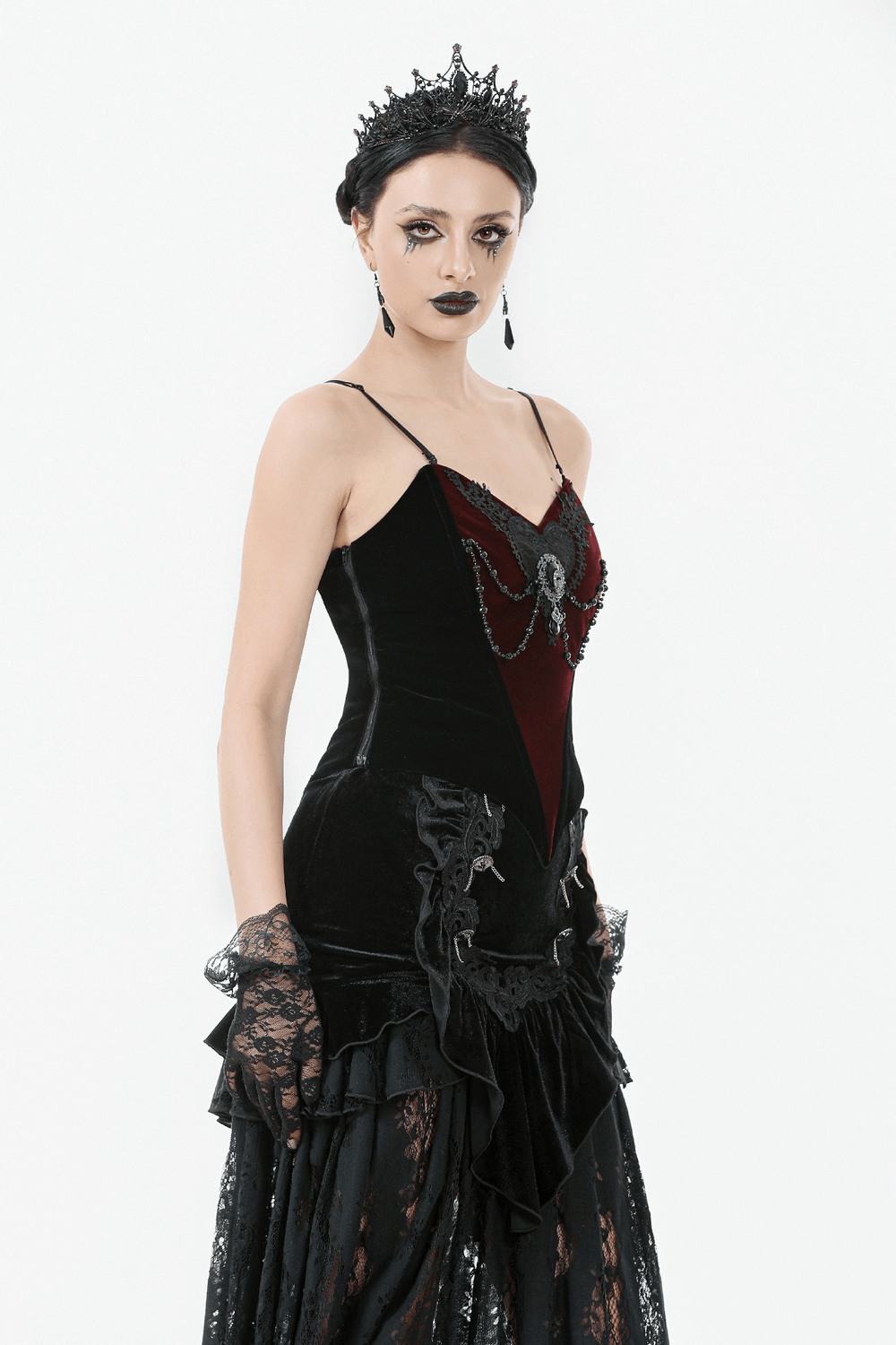 Gothic Velvet Corset Top with Lace and Chain Details