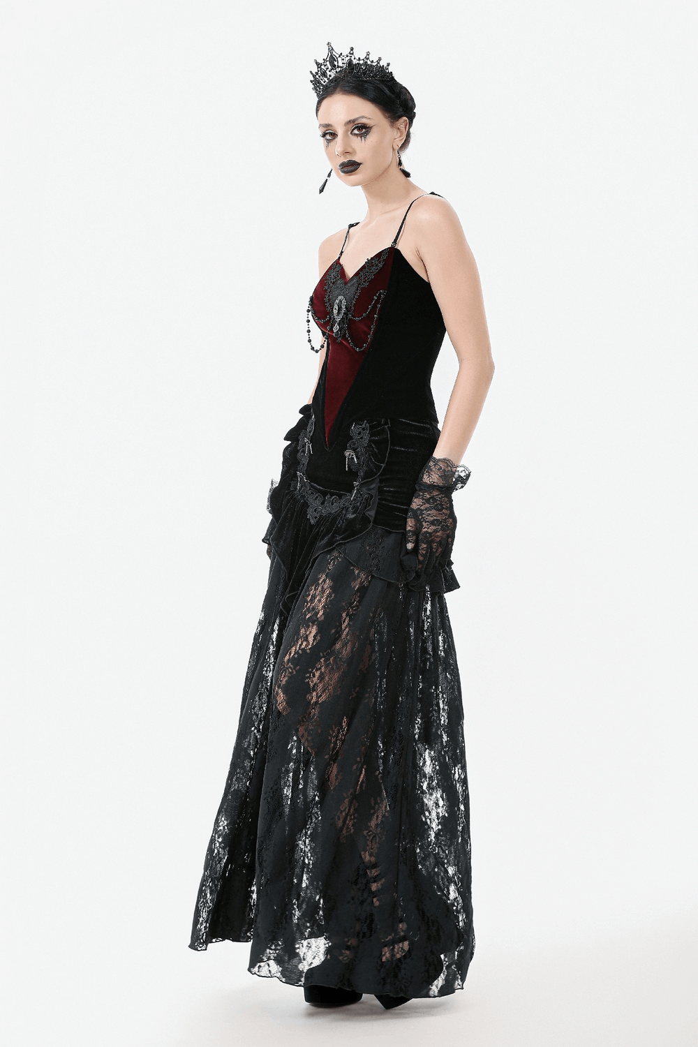 Gothic Velvet Corset Top with Lace and Chain Details