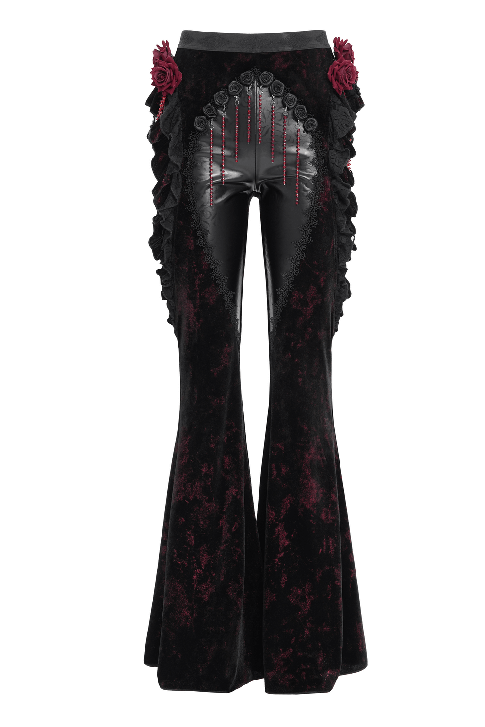 Gothic Velvet Flare Pants with Roses and Leather Detail