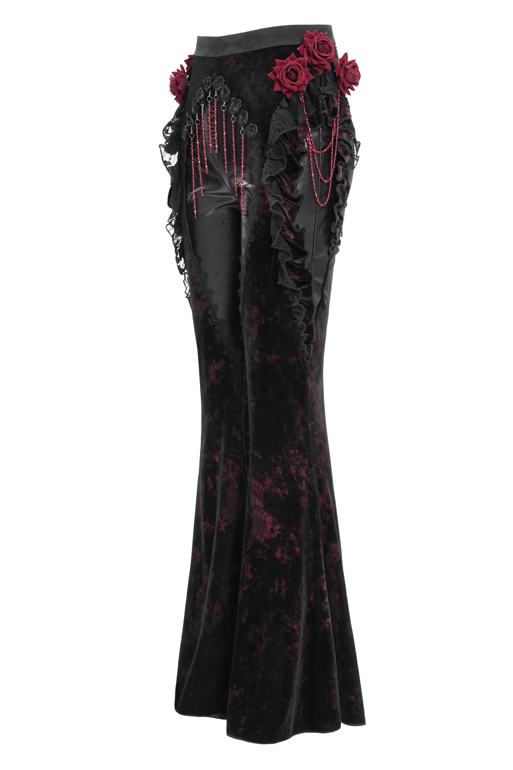 Gothic Velvet Flare Pants with Roses and Leather Detail