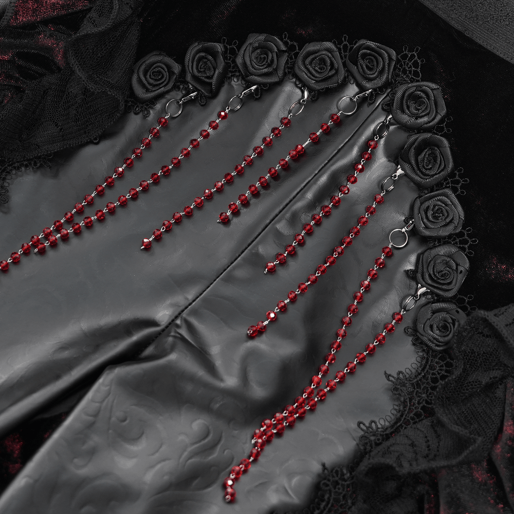 Gothic Velvet Flare Pants with Roses and Leather Detail