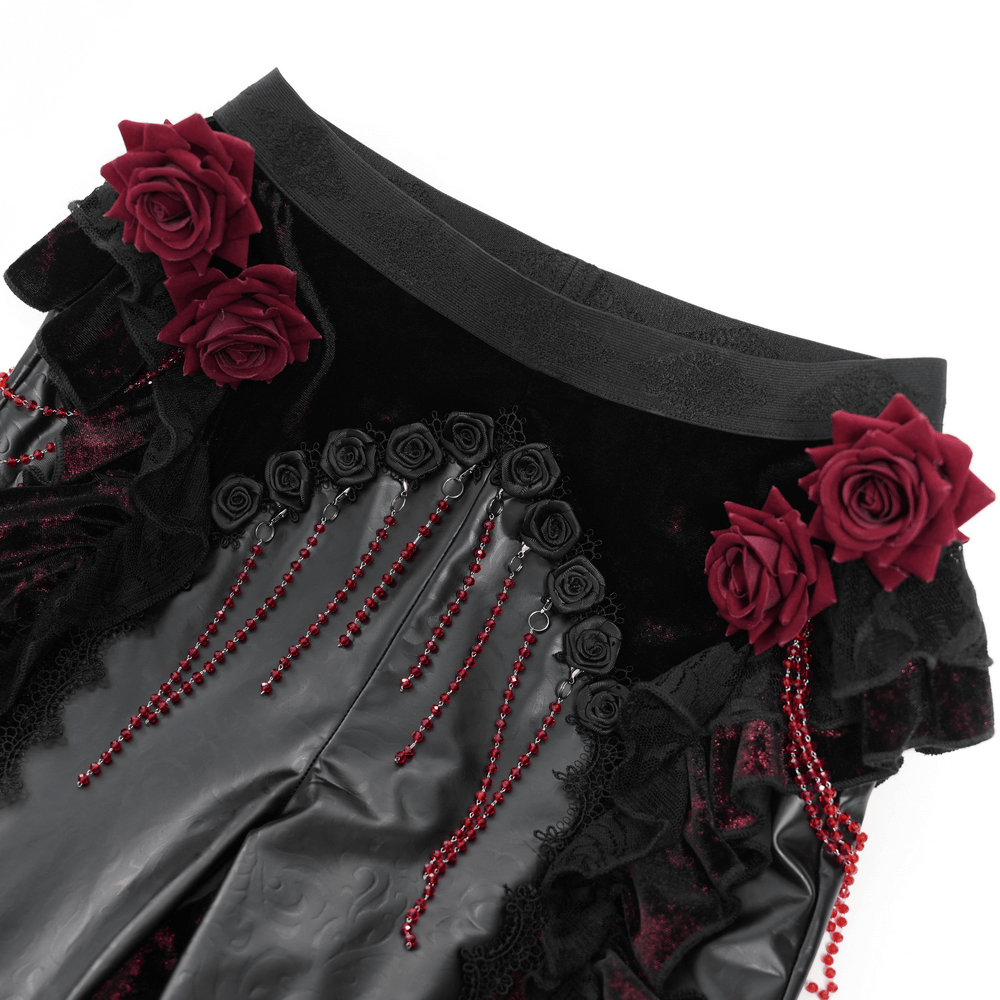 Gothic Velvet Flare Pants with Roses and Leather Detail