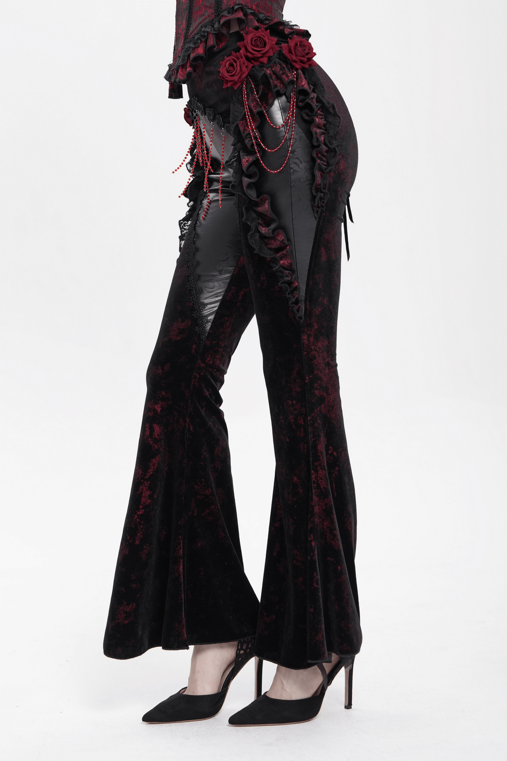 Gothic Velvet Flare Pants with Roses and Leather Detail