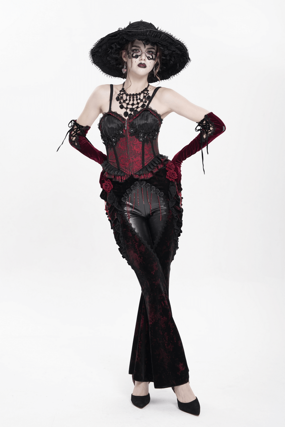Gothic Velvet Flare Pants with Roses and Leather Detail