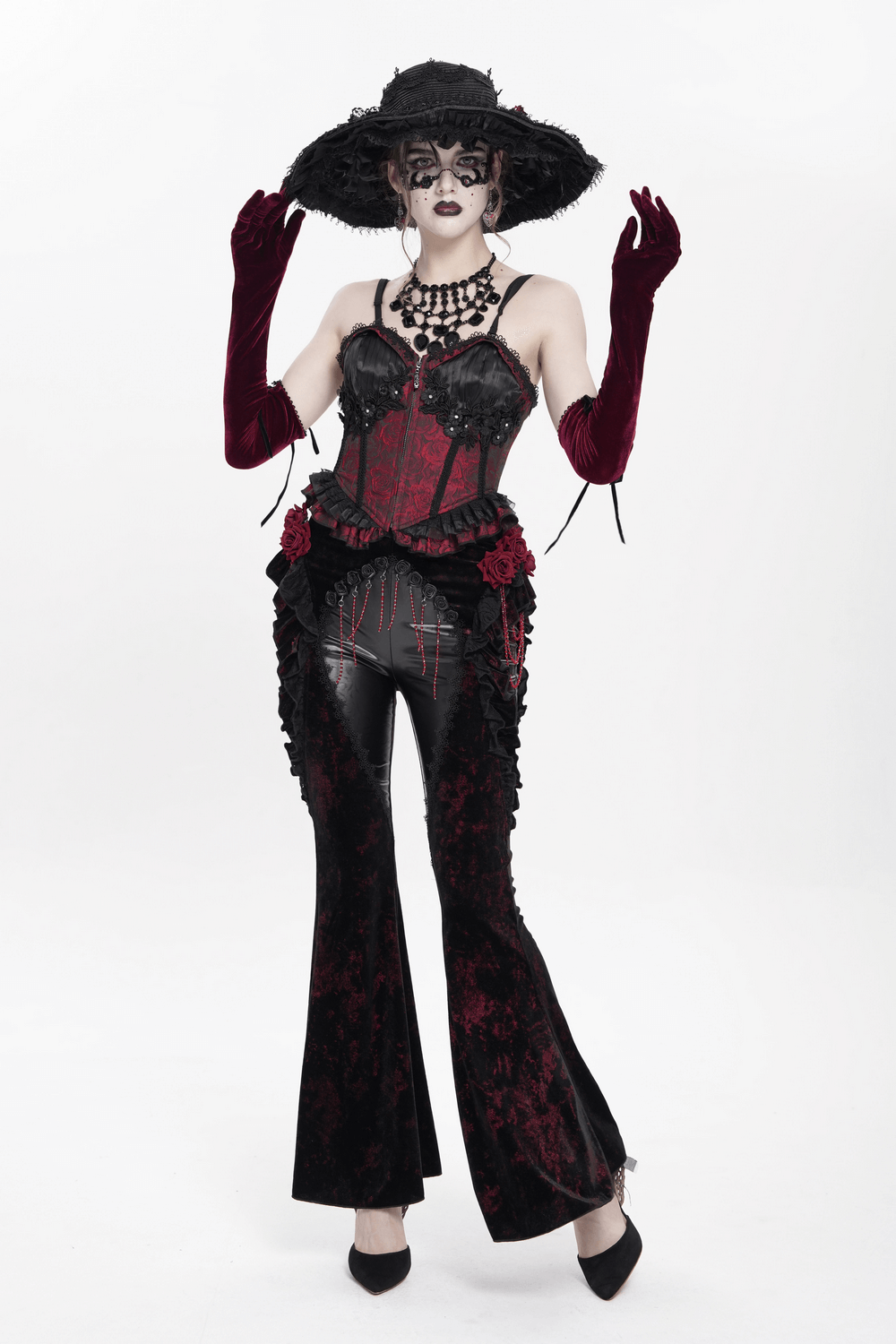 Gothic Velvet Flare Pants with Roses and Leather Detail