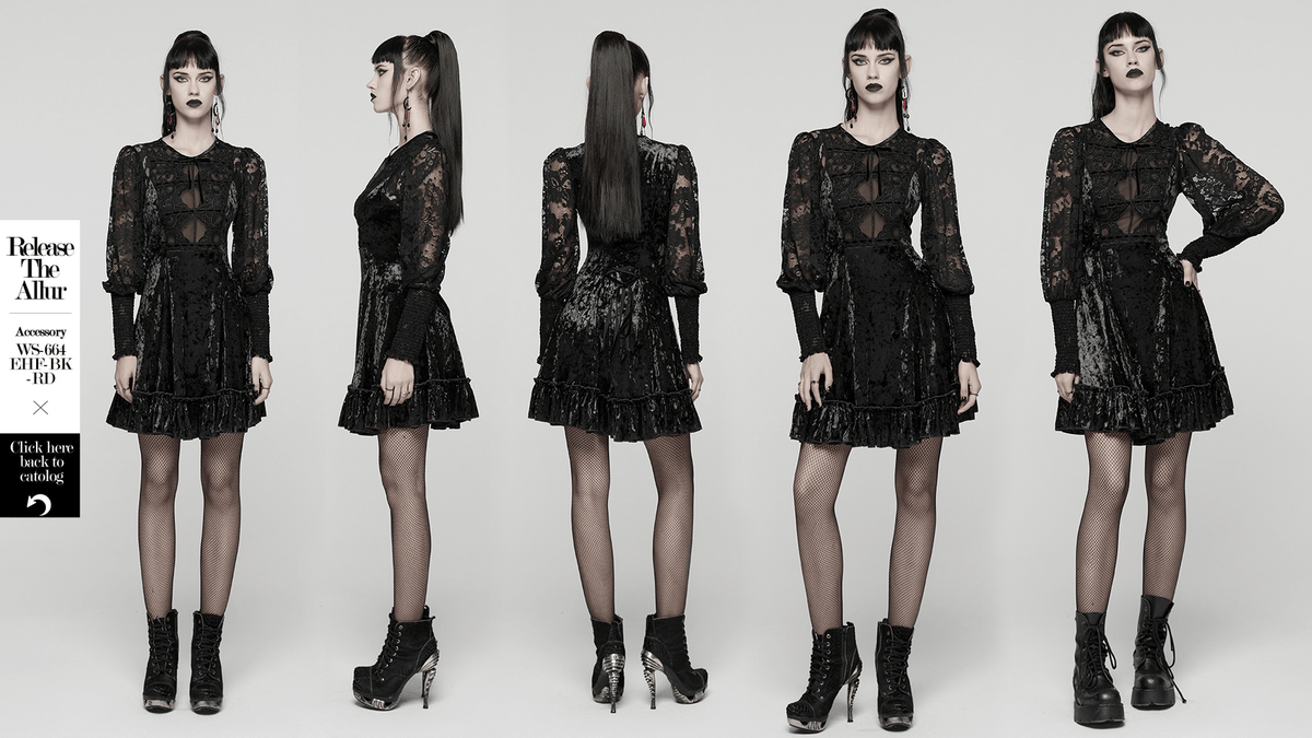 Gothic Velvet Lace Mini Dress with Lantern Sleeves