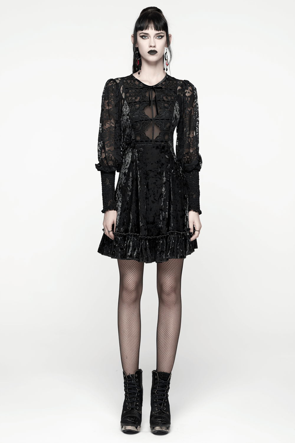 Gothic Velvet Lace Mini Dress with Lantern Sleeves