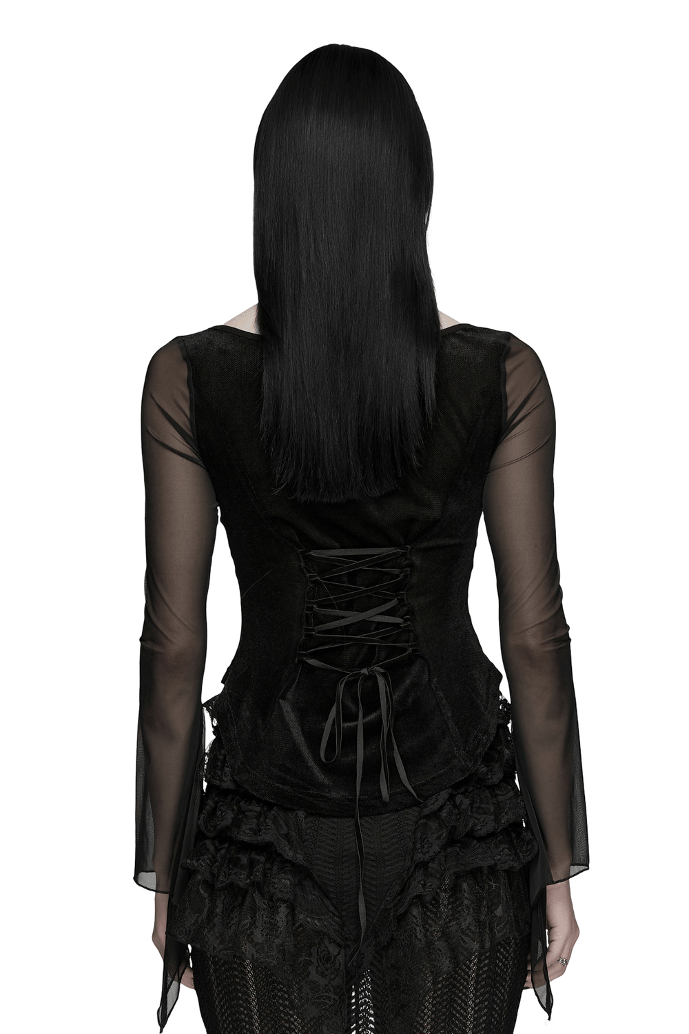 Gothic Velvet Lace-Up Mesh Embroidery Top For Women