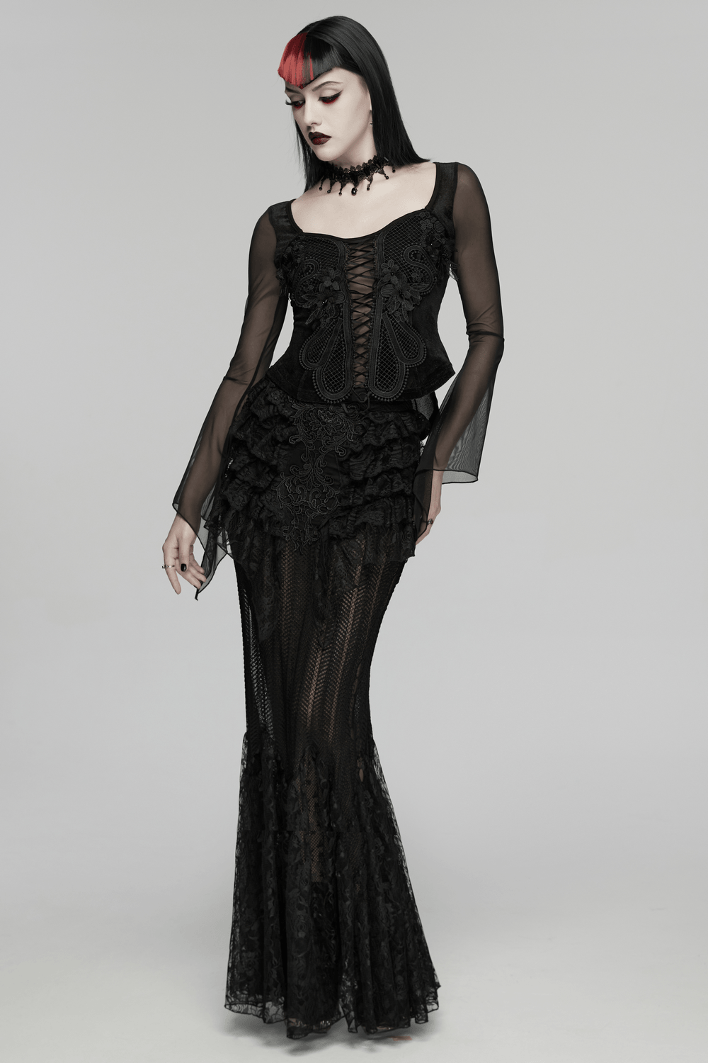 Gothic Velvet Lace-Up Mesh Embroidery Top For Women