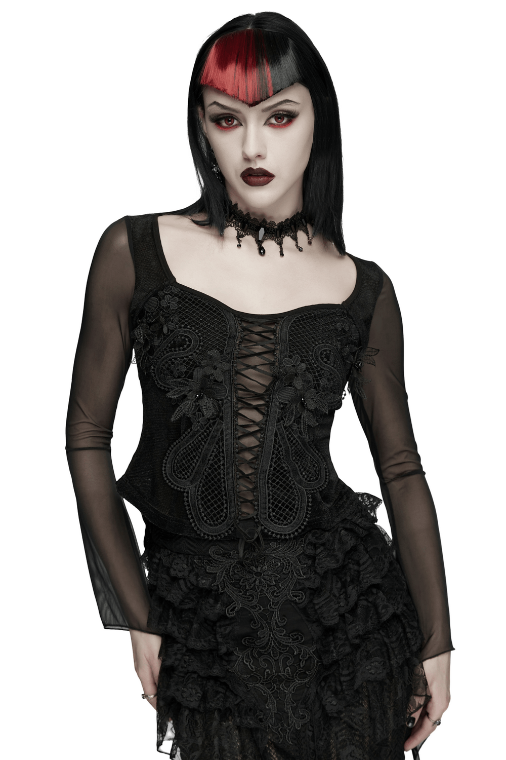 Gothic Velvet Lace-Up Mesh Embroidery Top For Women
