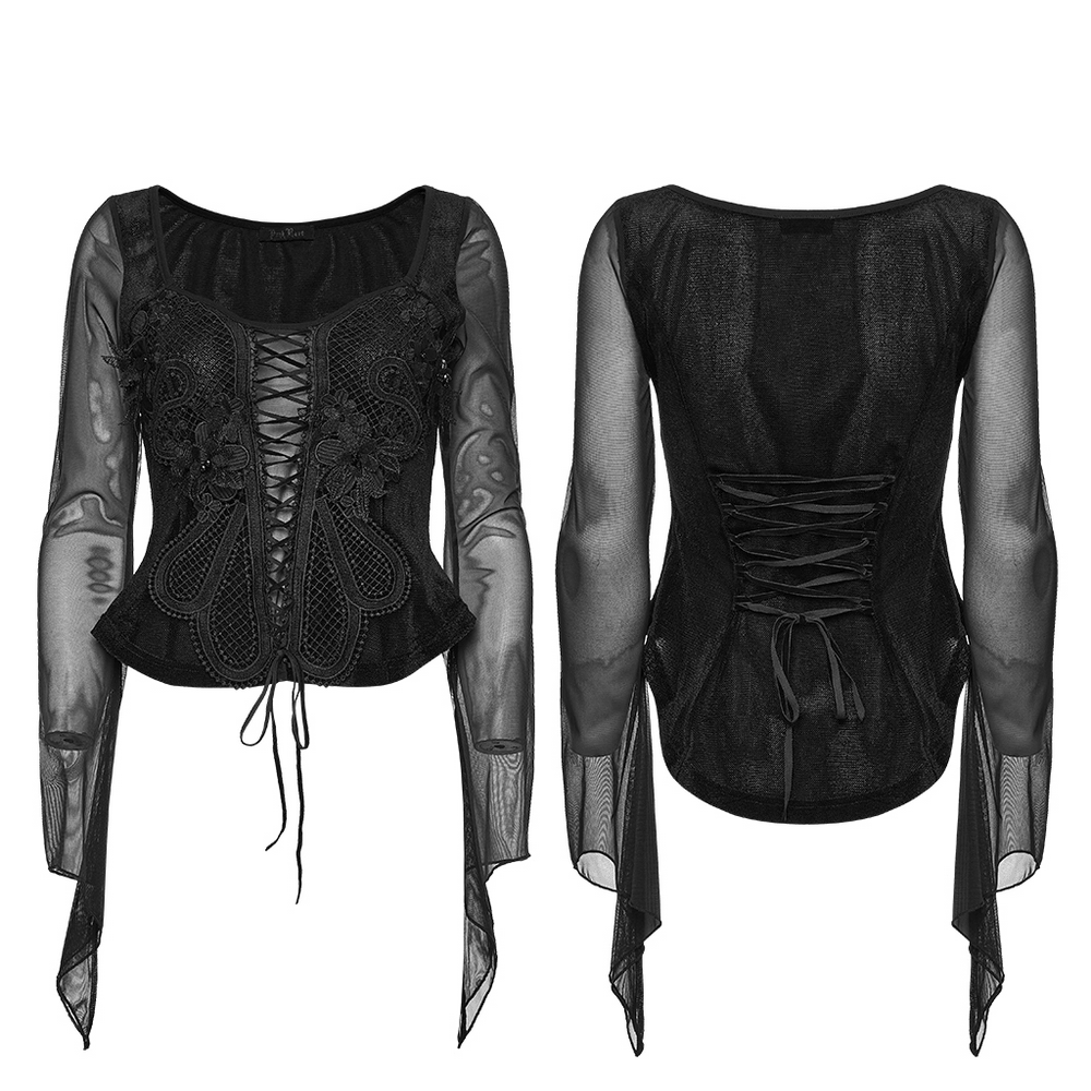 Gothic Velvet Lace-Up Mesh Embroidery Top For Women