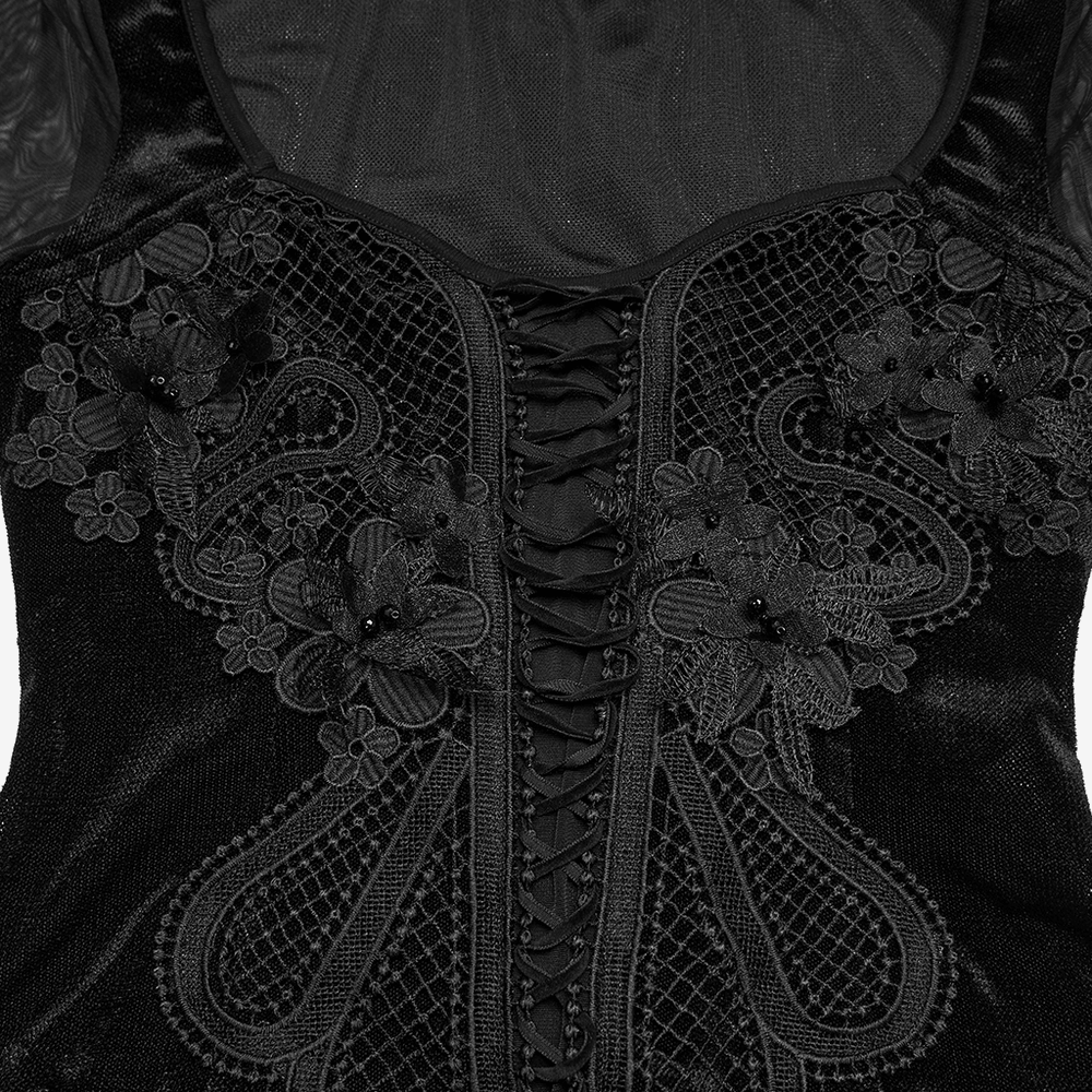 Gothic Velvet Lace-Up Mesh Embroidery Top For Women