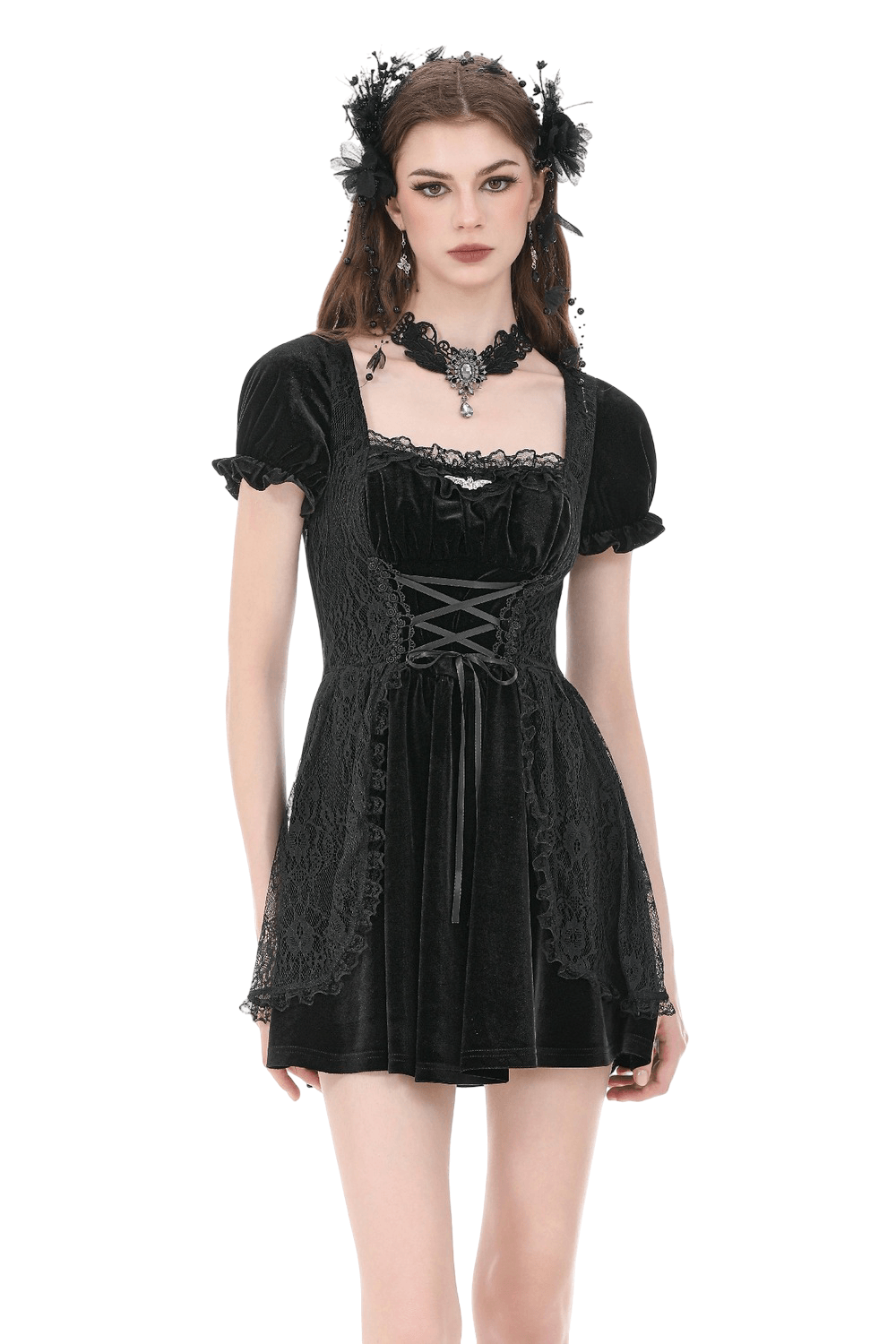 Gothic Velvet Lace Up Puff Sleeve Mini Dress for Women