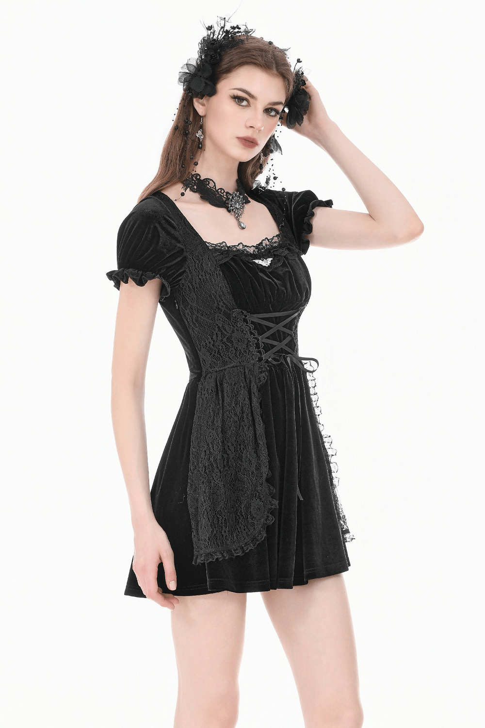 Gothic Velvet Lace Up Puff Sleeve Mini Dress for Women