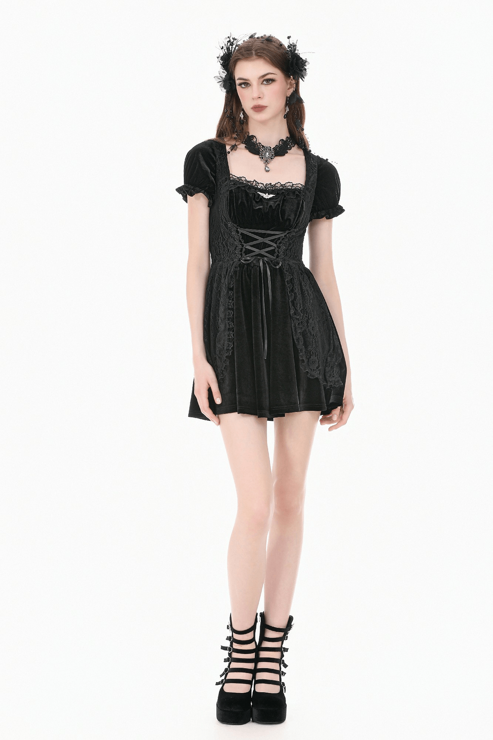 Gothic Velvet Lace Up Puff Sleeve Mini Dress for Women