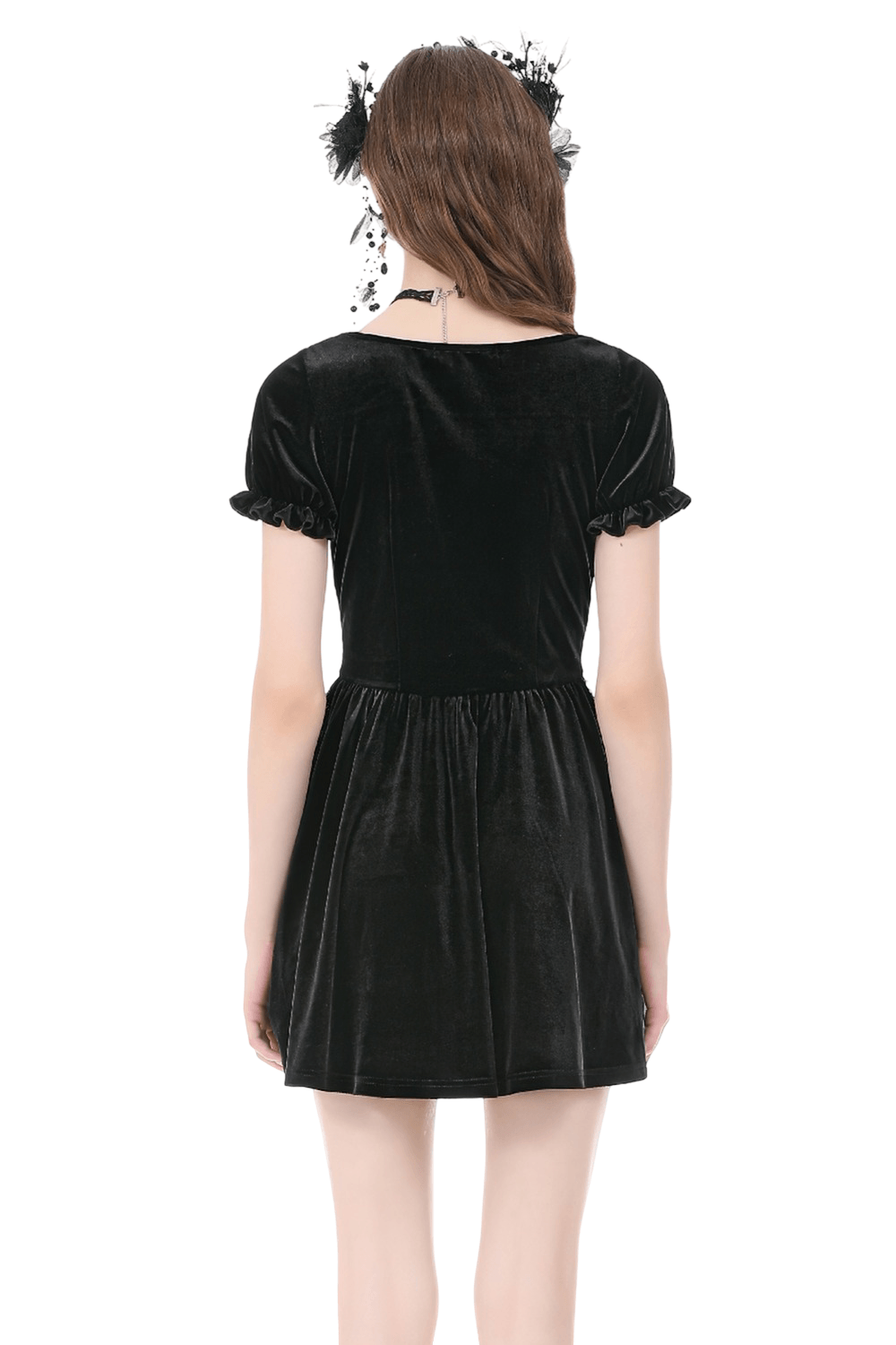 Gothic Velvet Lace Up Puff Sleeve Mini Dress for Women