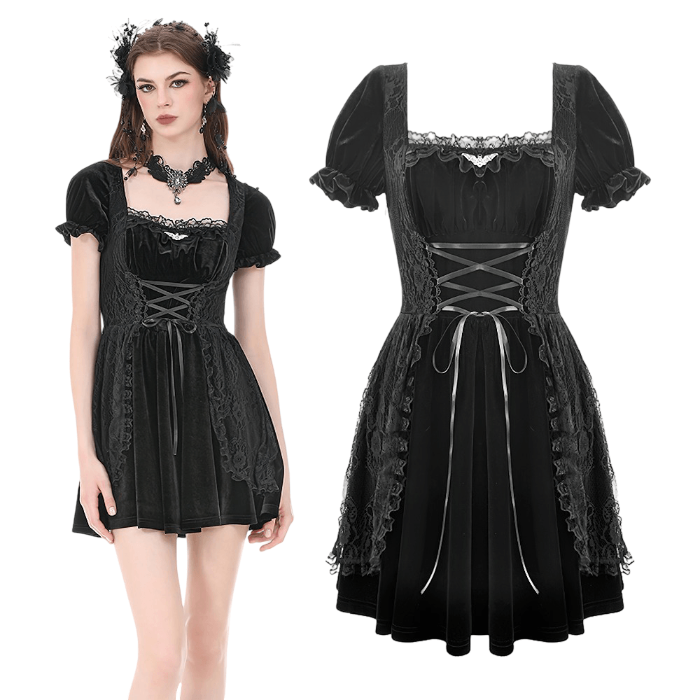 Gothic Velvet Lace Up Puff Sleeve Mini Dress for Women