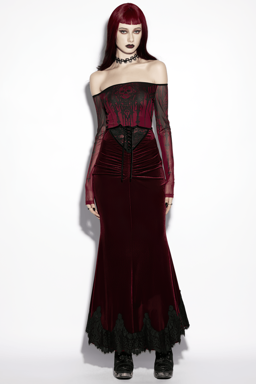 Gothic Velvet Mermaid Maxi Skirt With Lace Hem