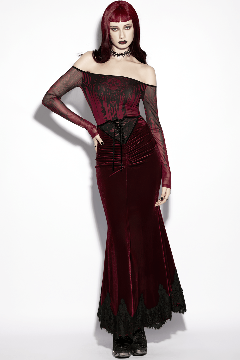 Gothic Velvet Mermaid Maxi Skirt With Lace Hem