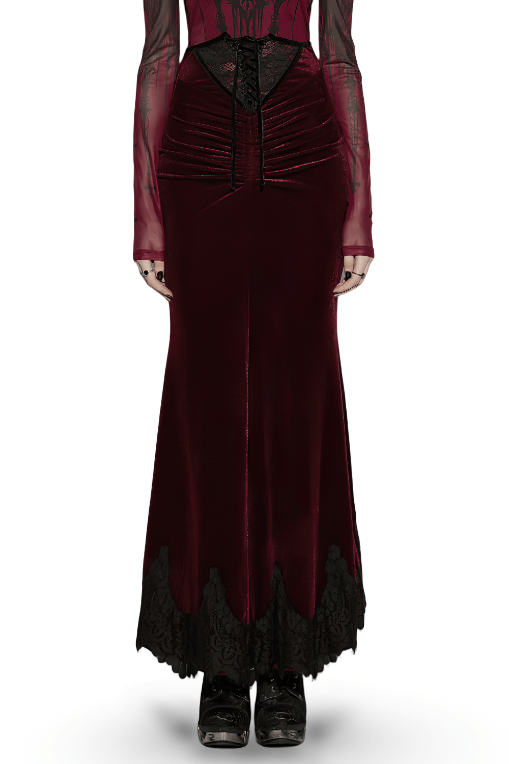 Gothic Velvet Mermaid Maxi Skirt With Lace Hem