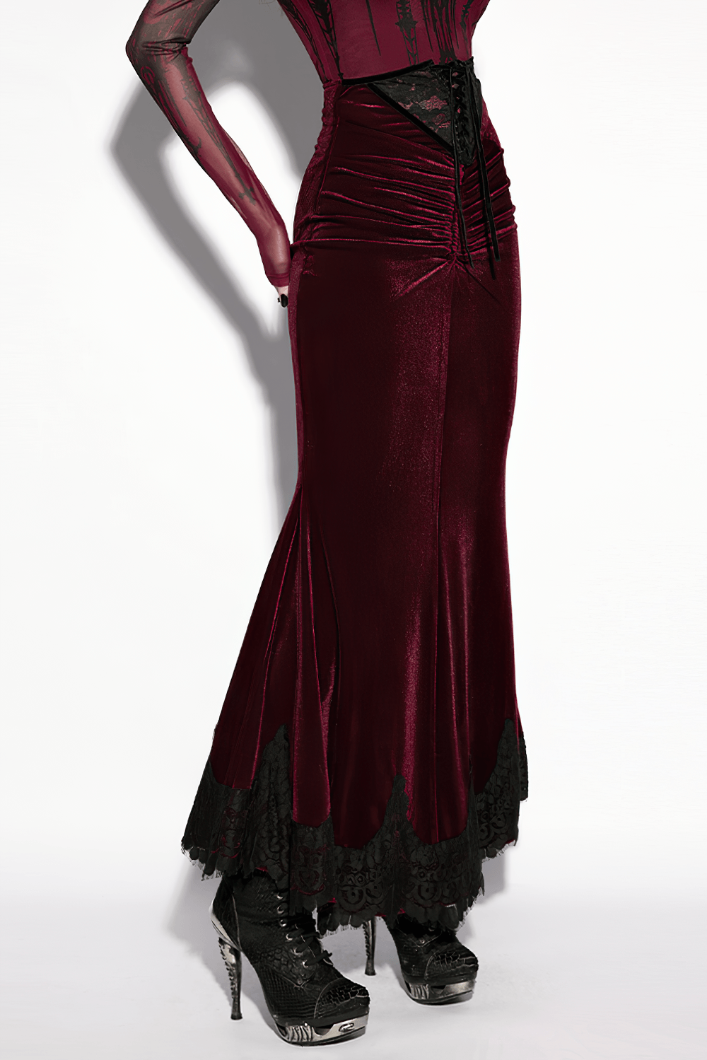 Gothic Velvet Mermaid Maxi Skirt With Lace Hem