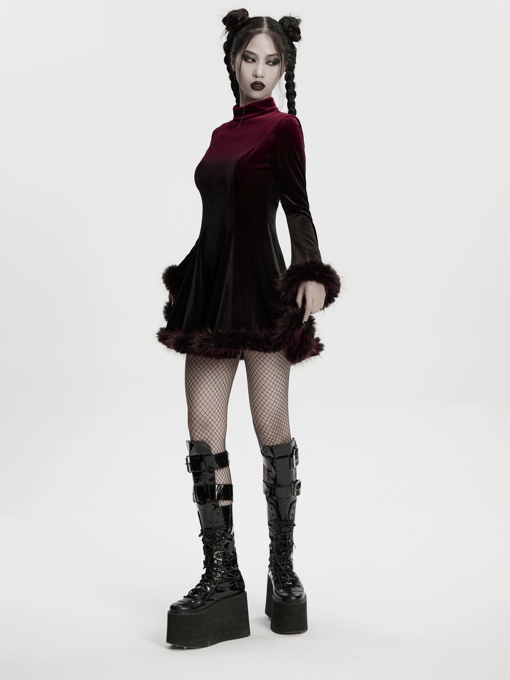 Gothic Velvet Mini Dress with Feather Trim and Zipper