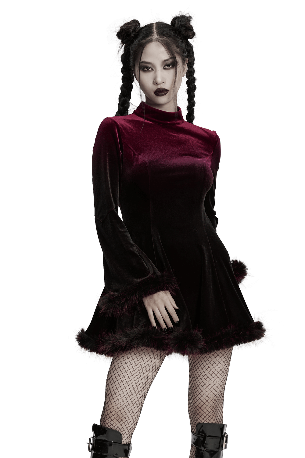 Gothic Velvet Mini Dress with Feather Trim and Zipper