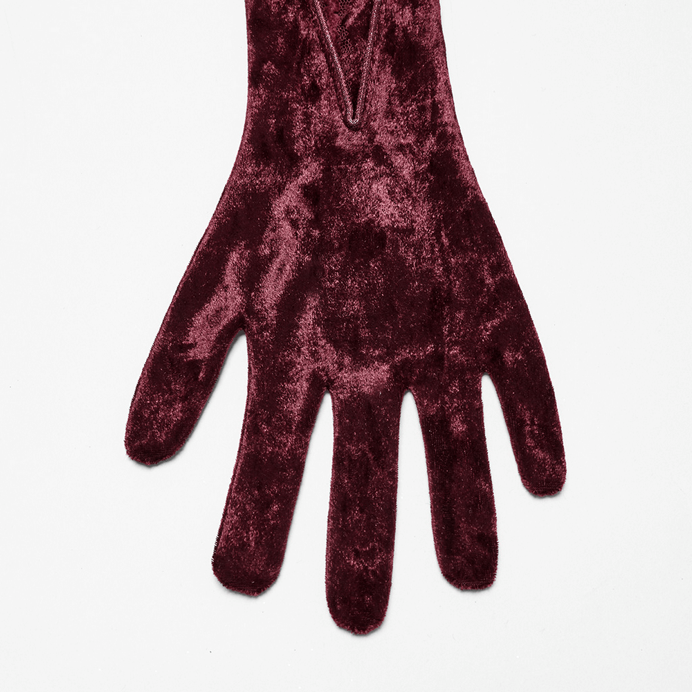 Gothic Velvet Opera Gloves with Black Lace Embroidery