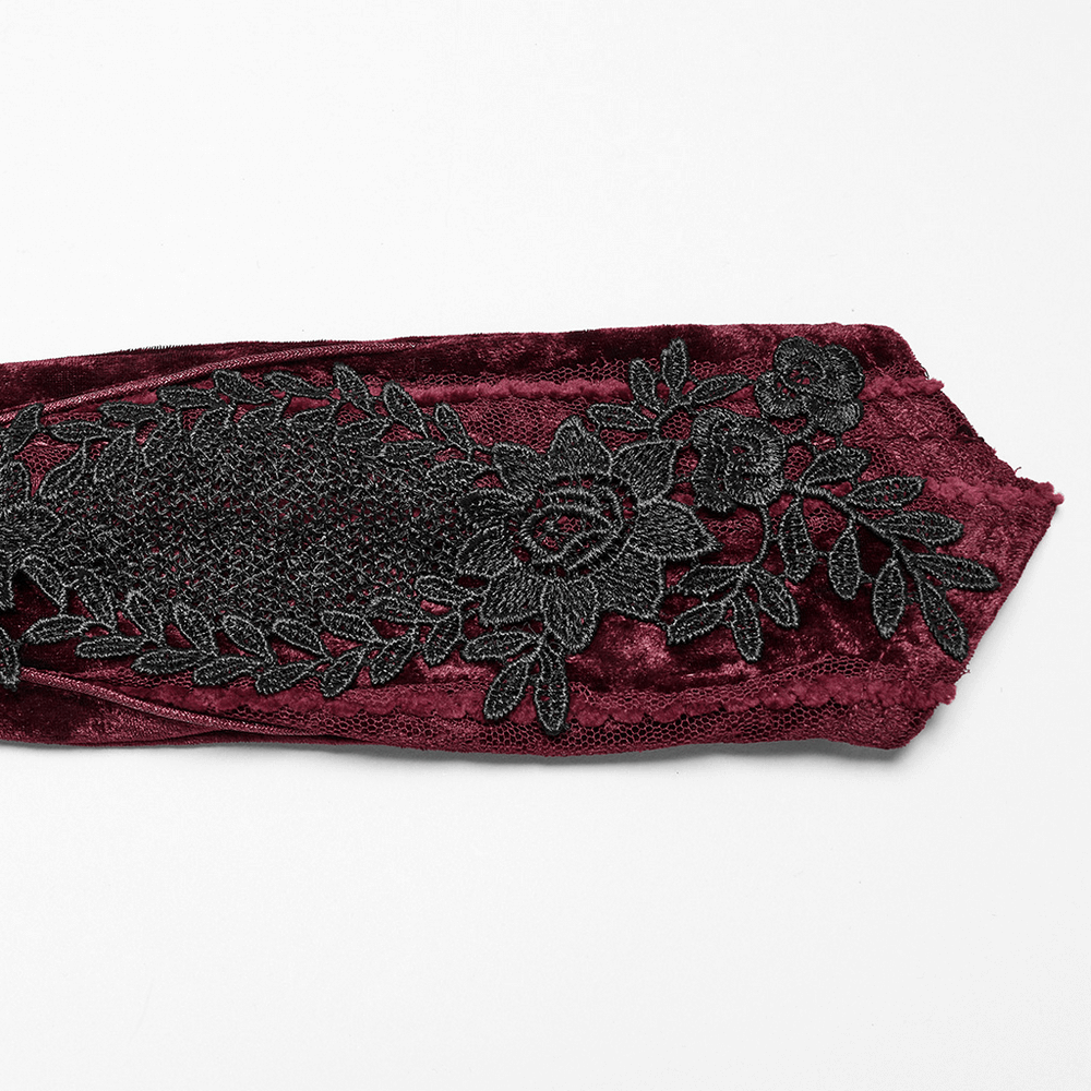 Gothic Velvet Opera Gloves with Black Lace Embroidery
