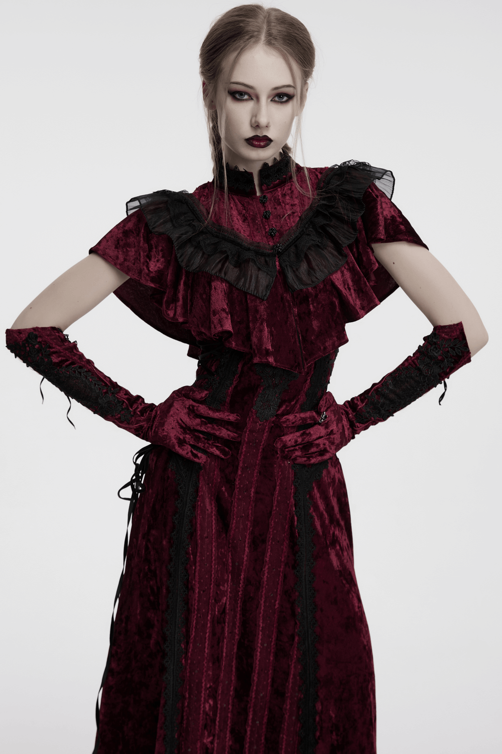 Gothic Velvet Opera Gloves with Black Lace Embroidery