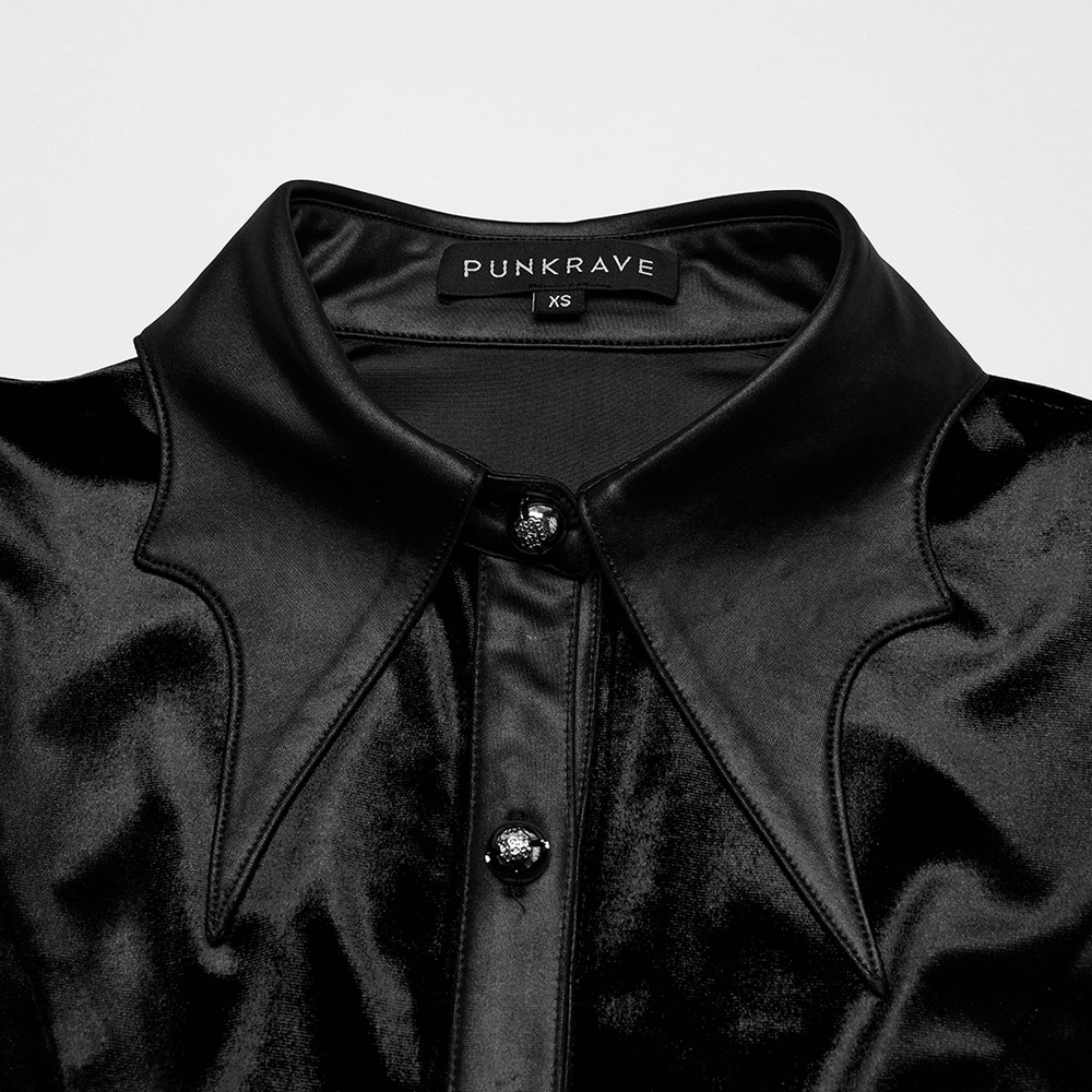 Gothic Velvet Shirt with Bat Collar and Lace-Up Back