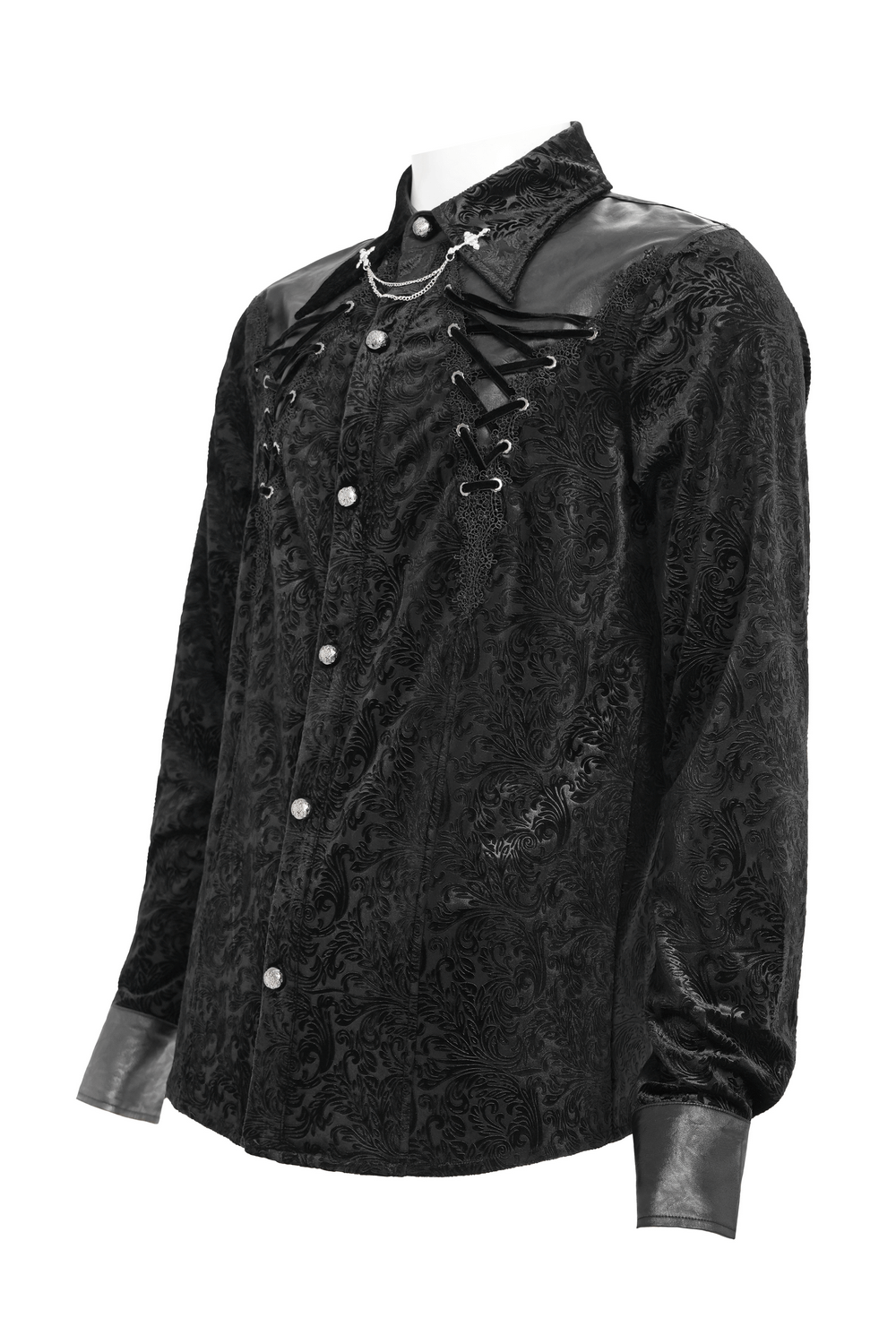 Gothic Velvet Shirt with Leather Trim and Lace-Up Detail