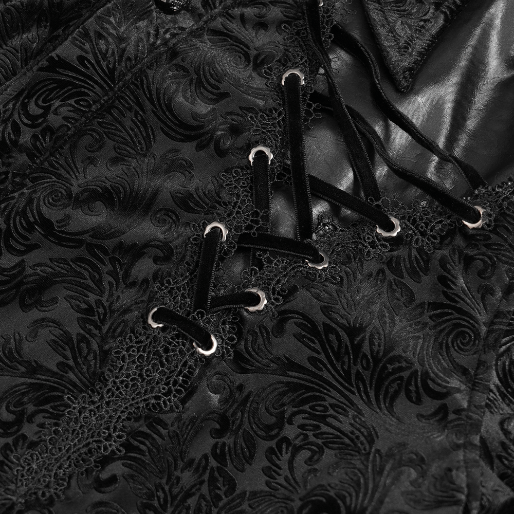 Gothic Velvet Shirt with Leather Trim and Lace-Up Detail