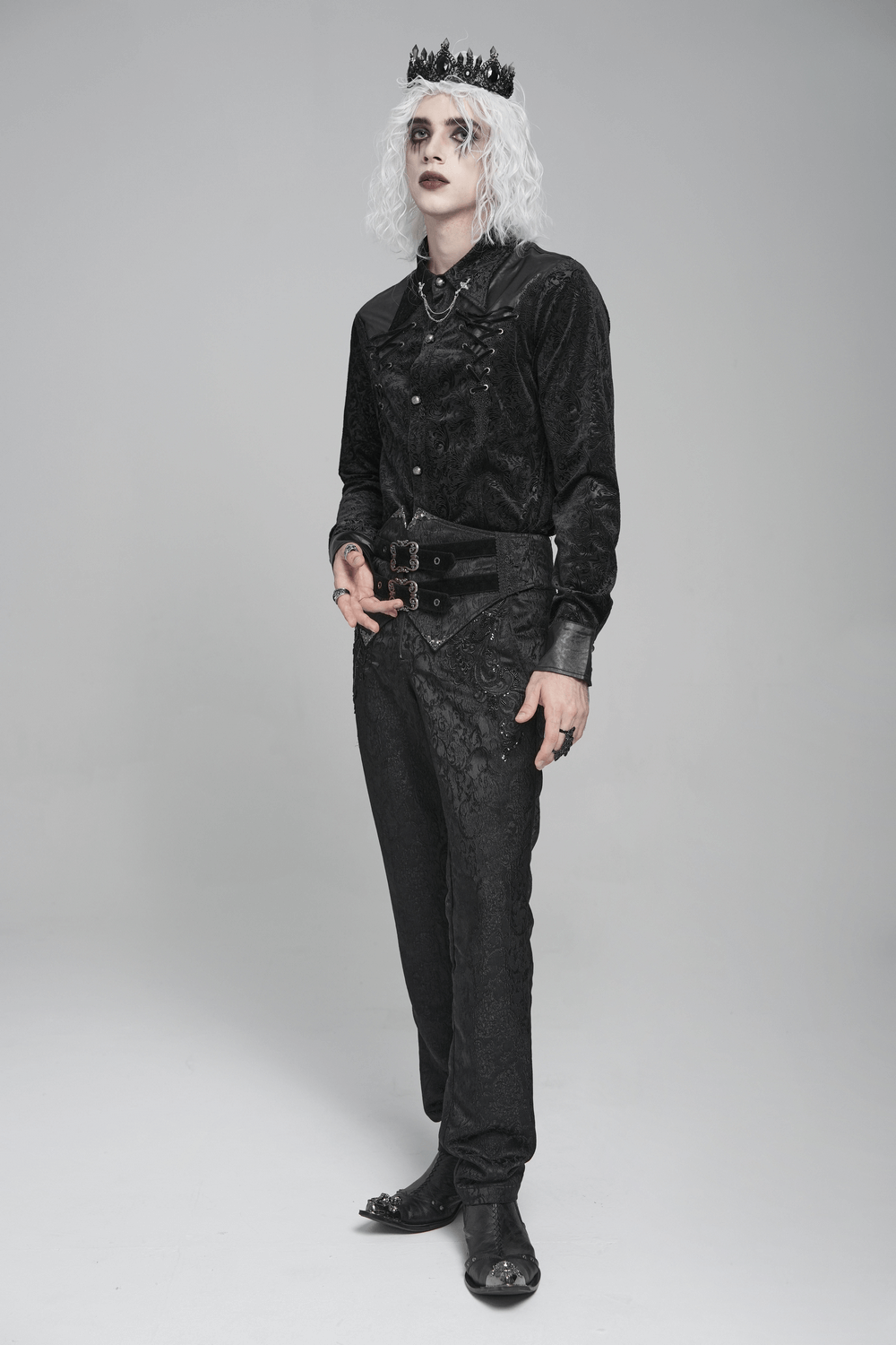 Gothic Velvet Shirt with Leather Trim and Lace-Up Detail