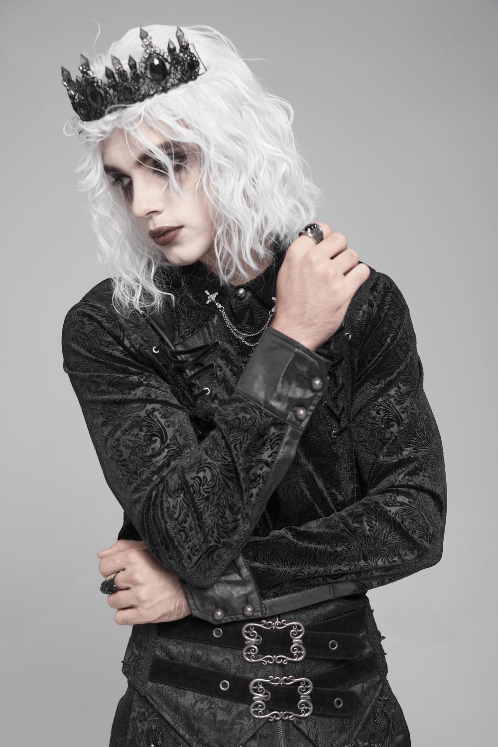 Gothic Velvet Shirt with Leather Trim and Lace-Up Detail