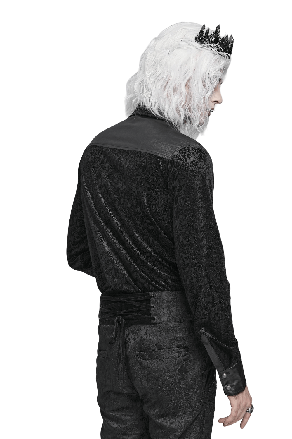 Gothic Velvet Shirt with Leather Trim and Lace-Up Detail