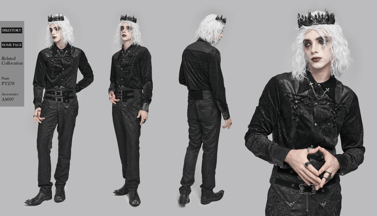 Gothic Velvet Shirt with Leather Trim and Lace-Up Detail