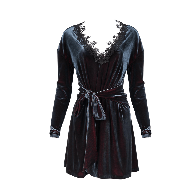 Gothic Velvet V-Neck Long Sleeve Dress / Elegant Lace Applique Dress With Belt