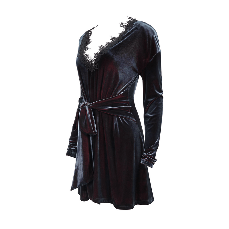 Gothic Velvet V-Neck Long Sleeve Dress / Elegant Lace Applique Dress With Belt