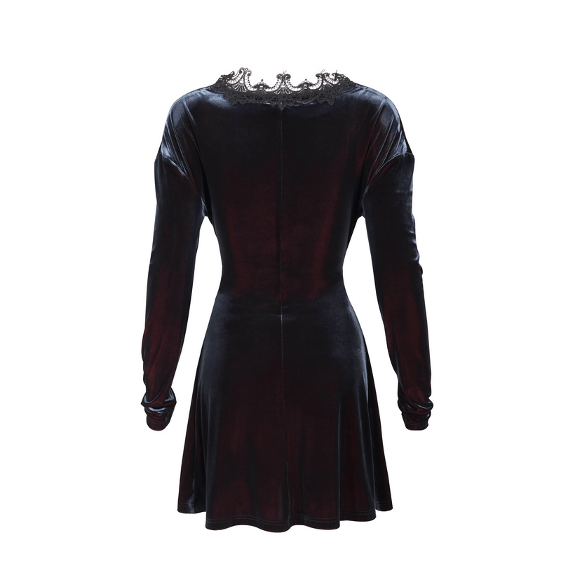 Gothic Velvet V-Neck Long Sleeve Dress / Elegant Lace Applique Dress With Belt