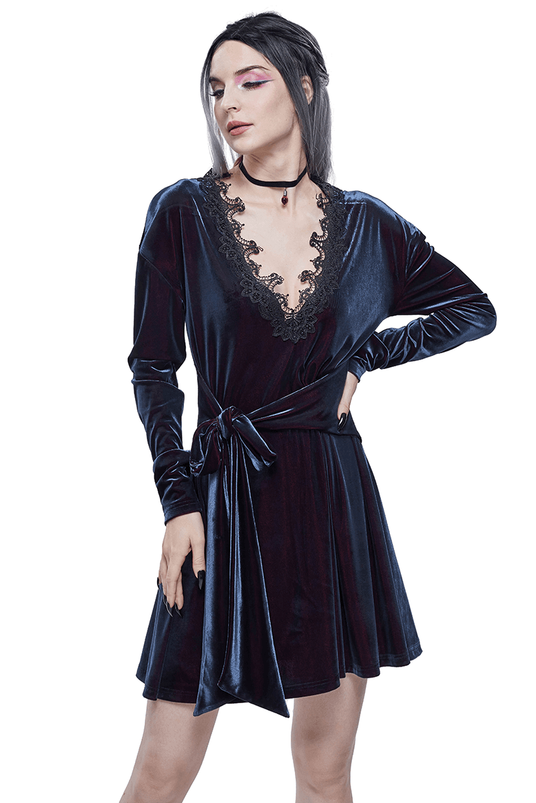 Gothic Velvet V-Neck Long Sleeve Dress / Elegant Lace Applique Dress With Belt