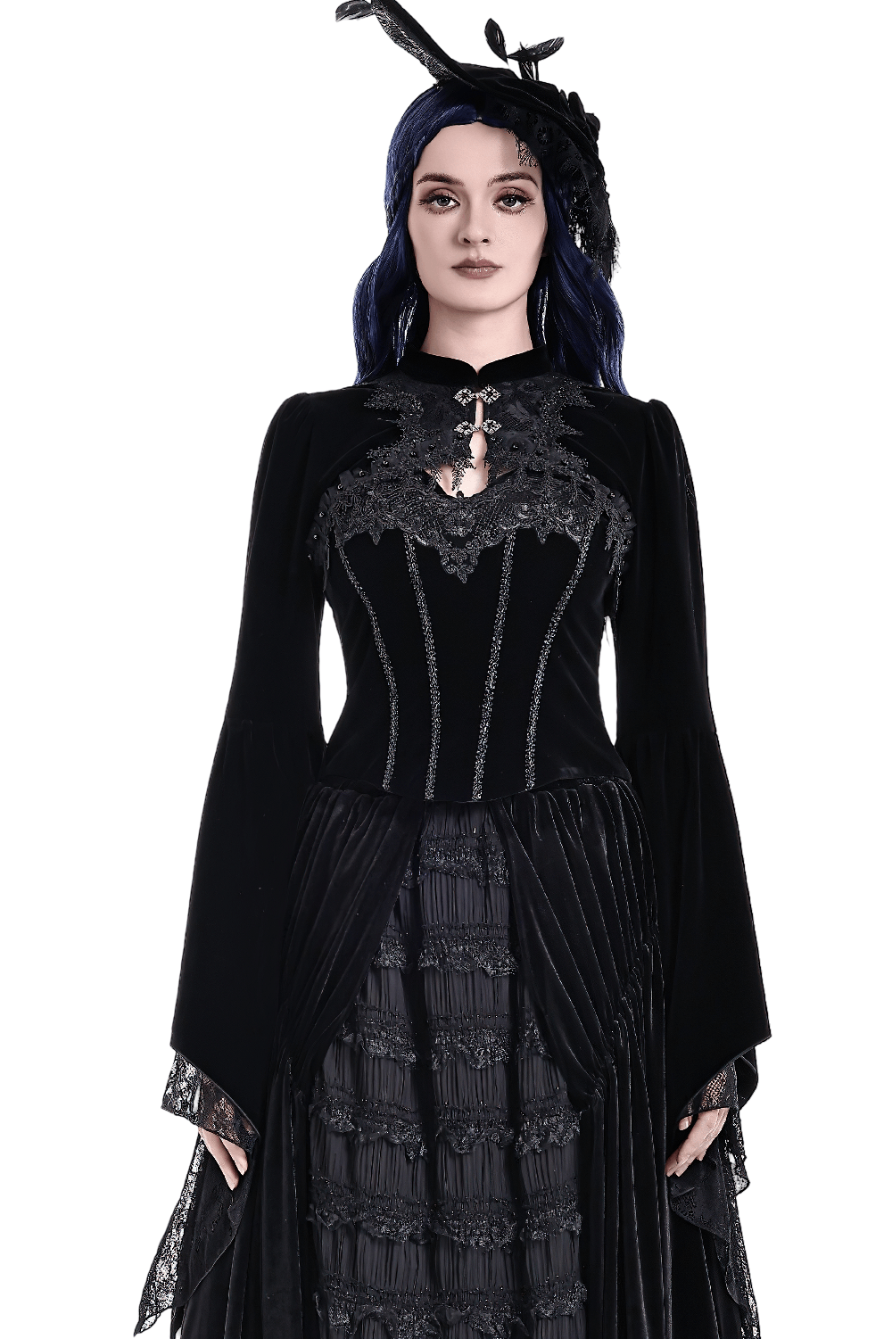 Gothic Victorian Black Velvet Bell Sleeve Bolero Jacket