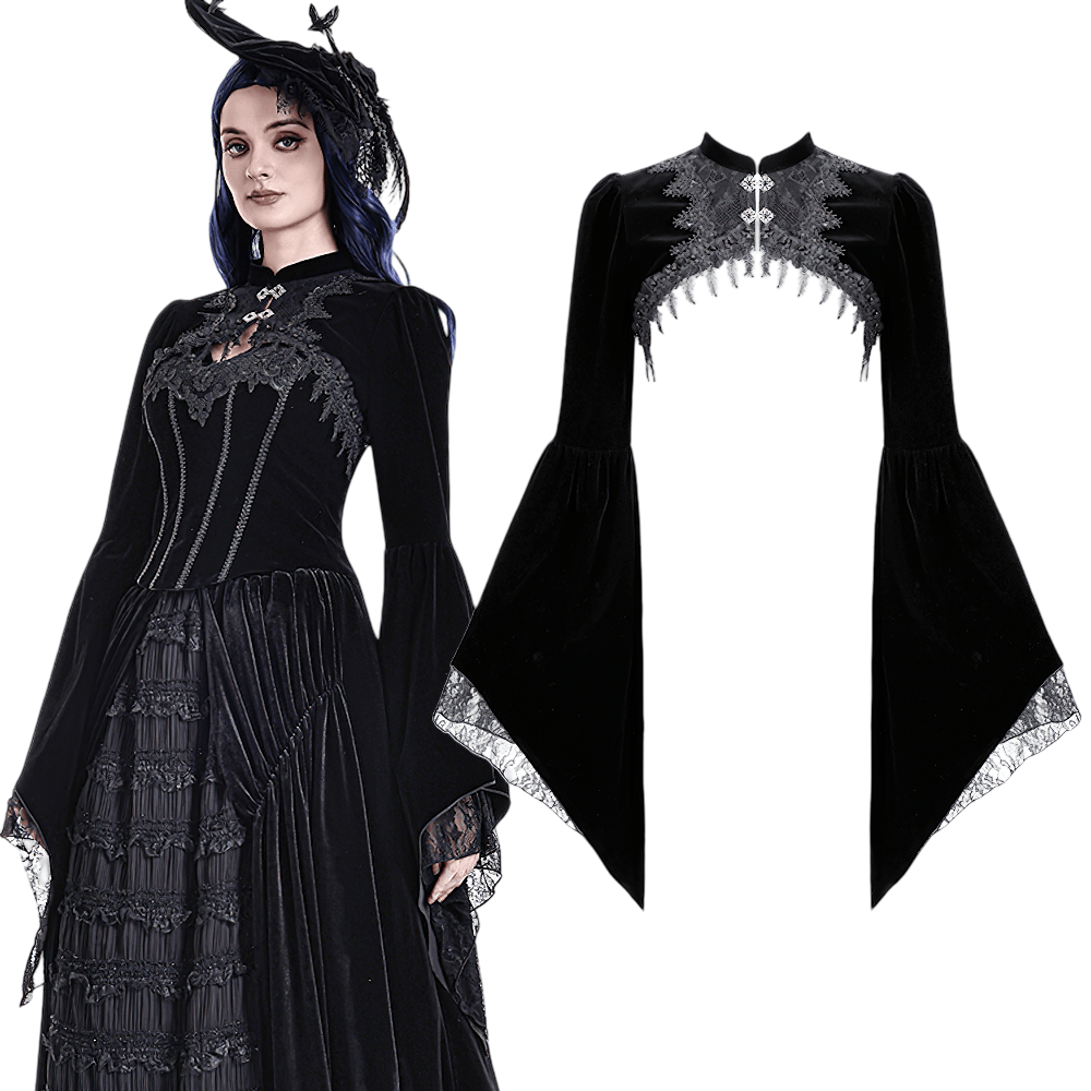 Gothic Victorian Black Velvet Bell Sleeve Bolero Jacket