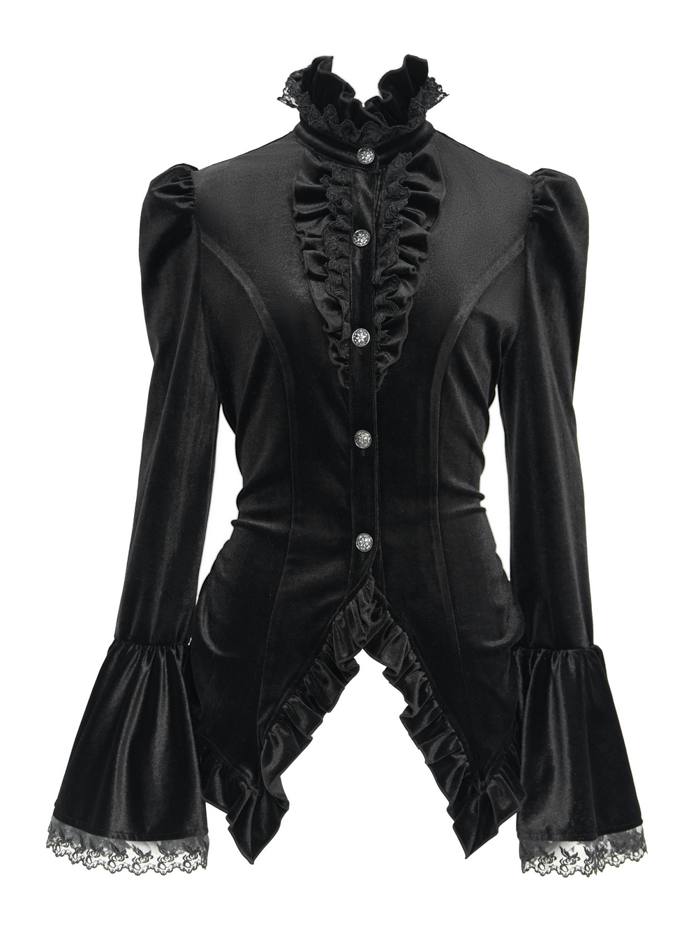 Gothic Victorian Black Velvet Blouse with Lace Details