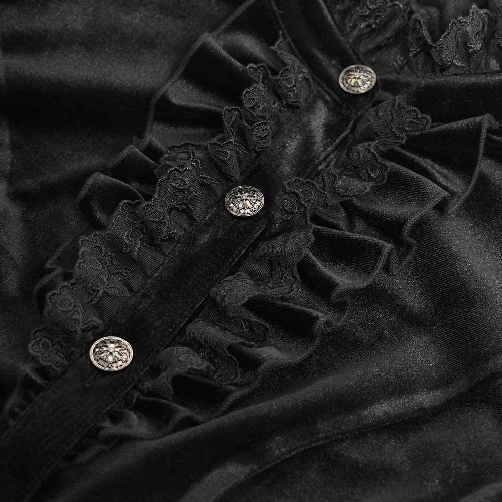 Gothic Victorian Black Velvet Blouse with Lace Details