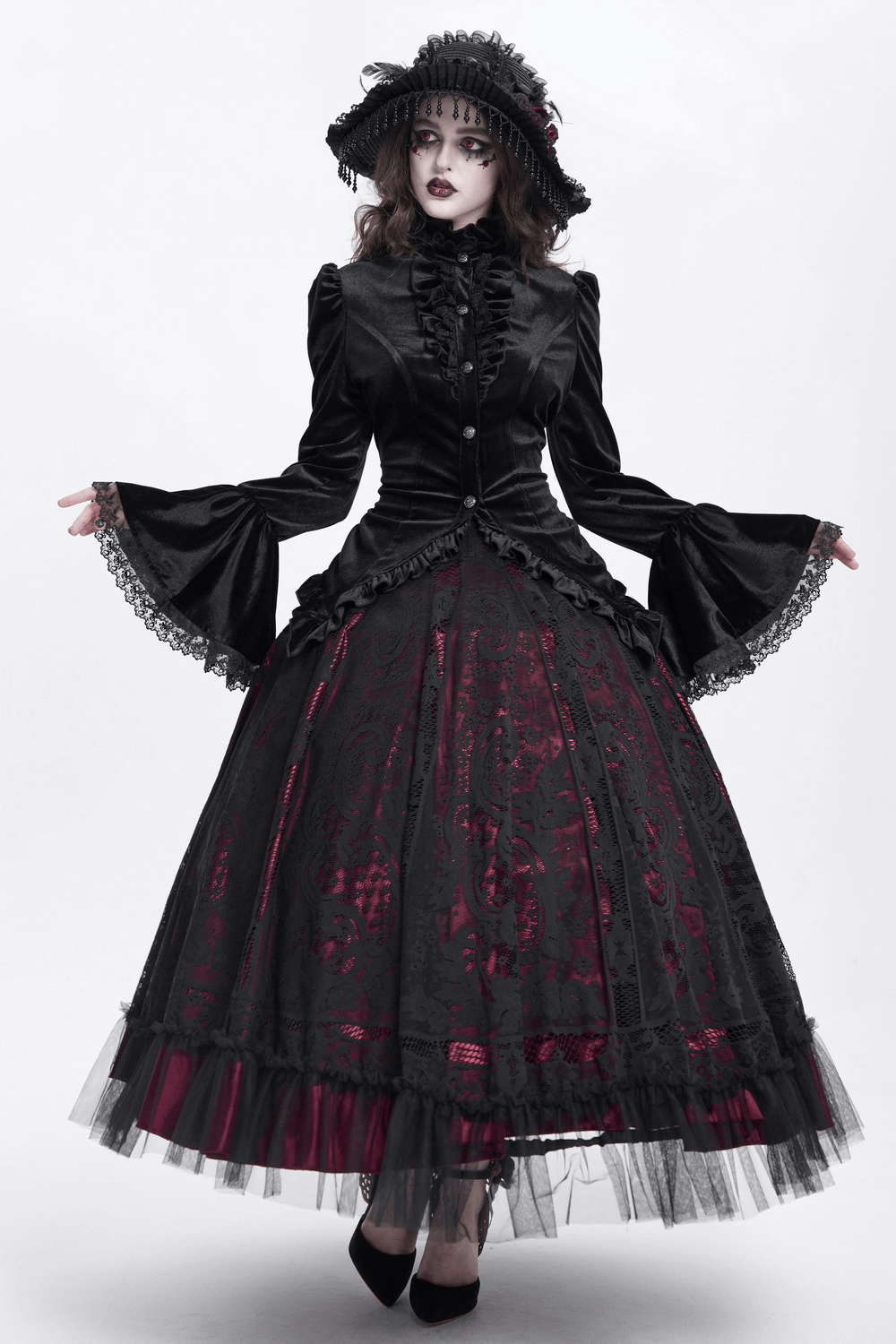 Gothic Victorian Black Velvet Blouse with Lace Details