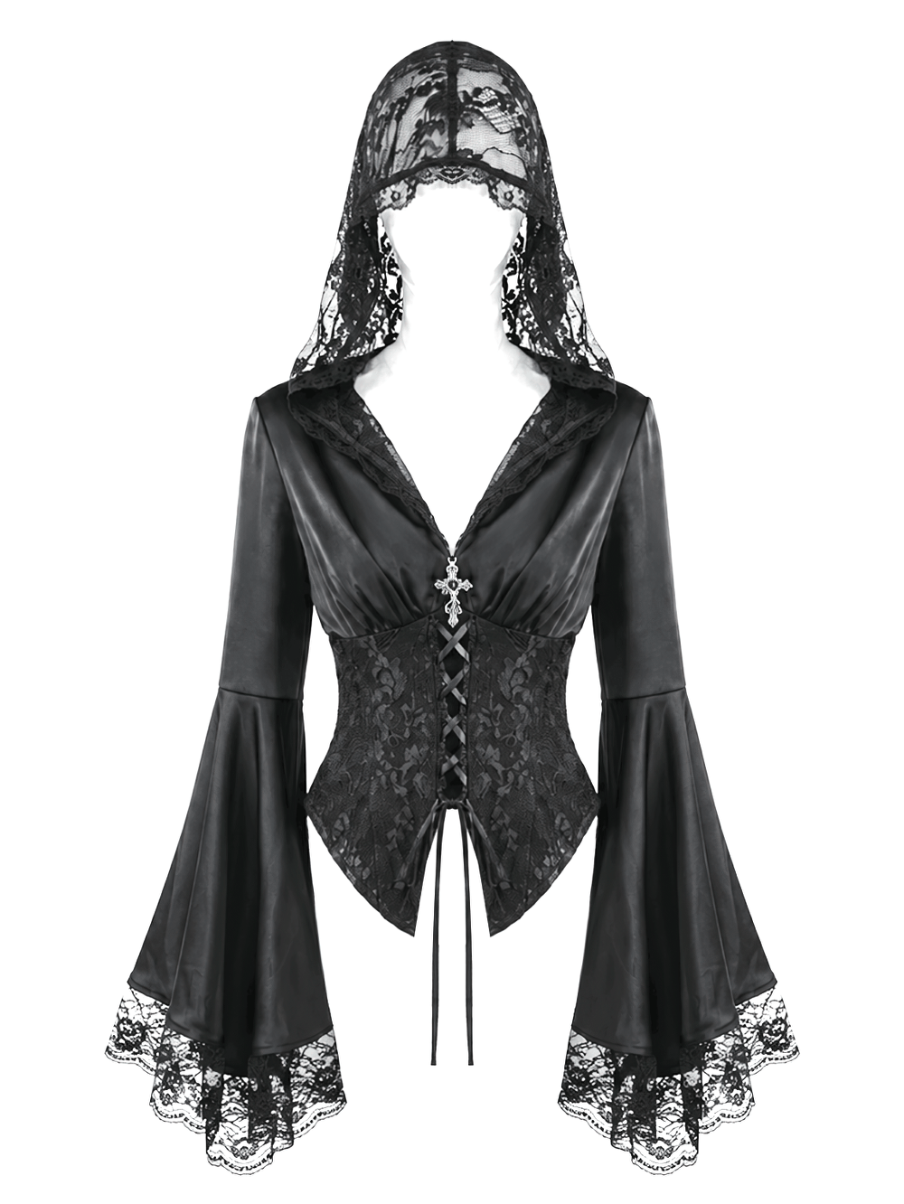 Gothic Victorian Hooded Lace Up Bell Sleeved Blouse
