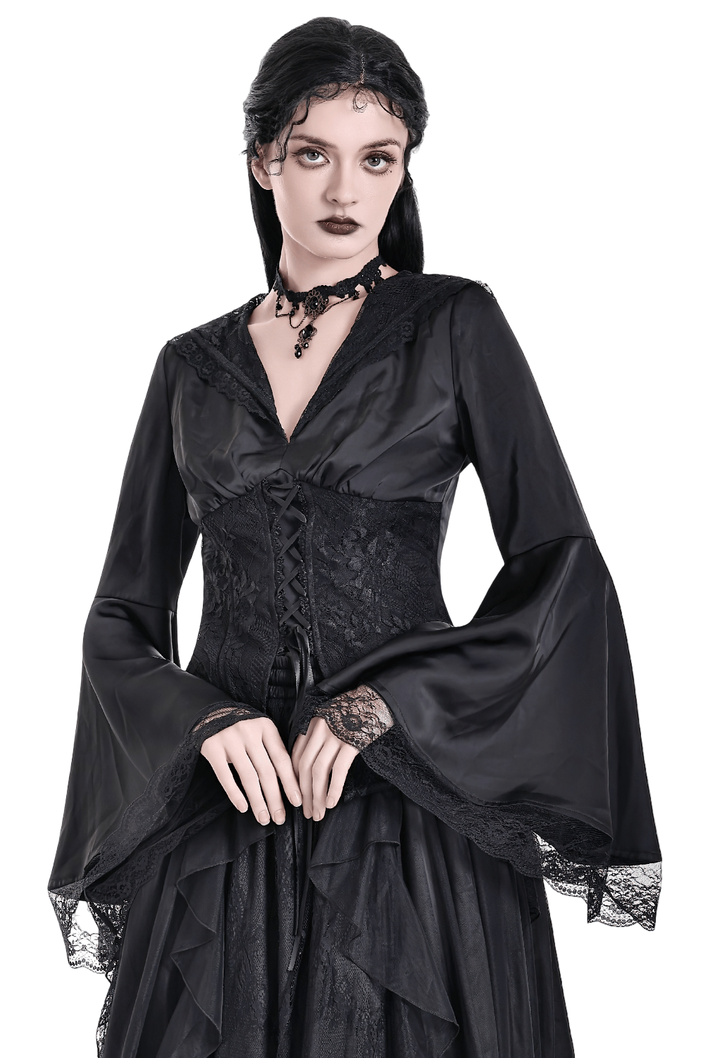 Gothic Victorian Hooded Lace Up Bell Sleeved Blouse