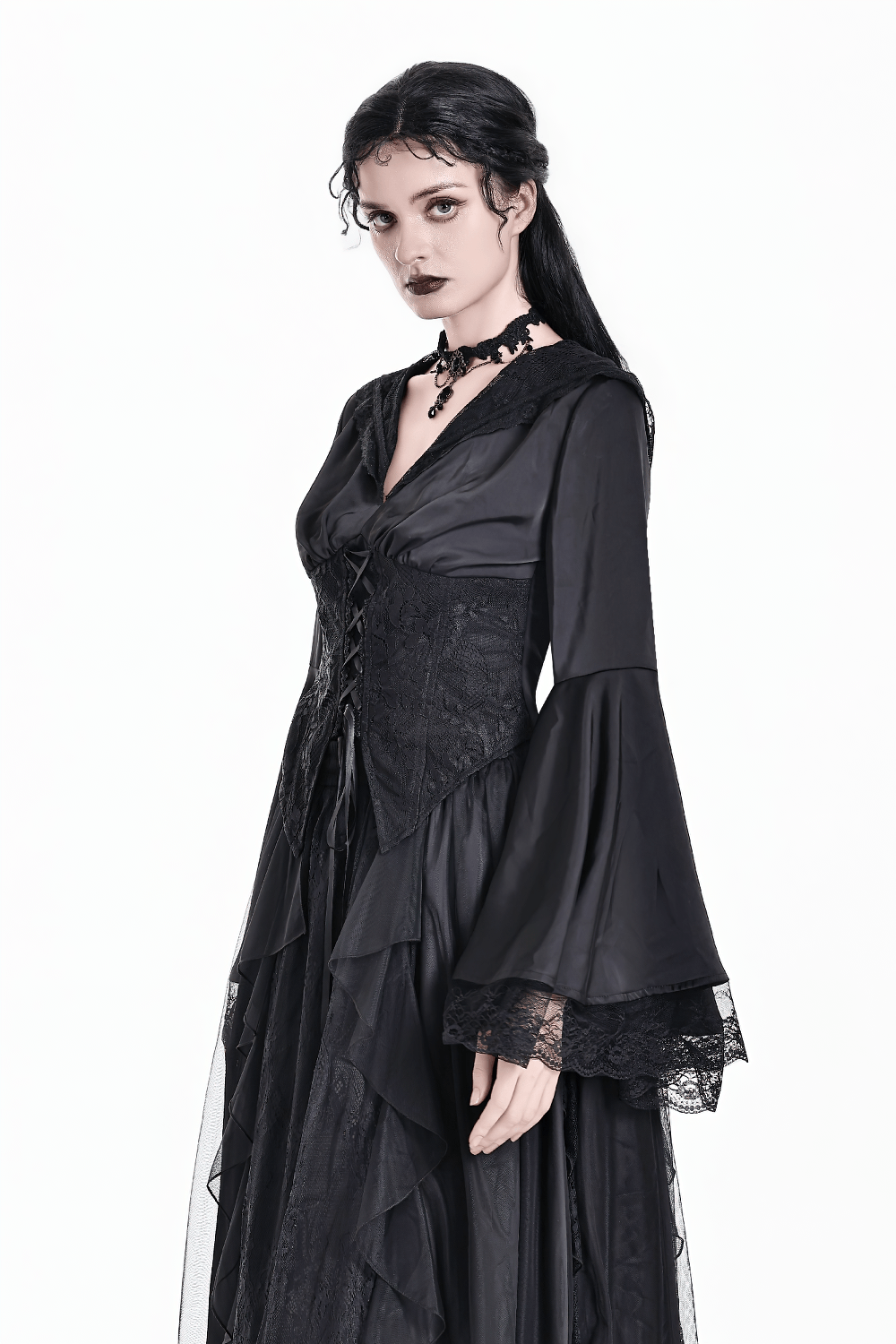 Gothic Victorian Hooded Lace Up Bell Sleeved Blouse