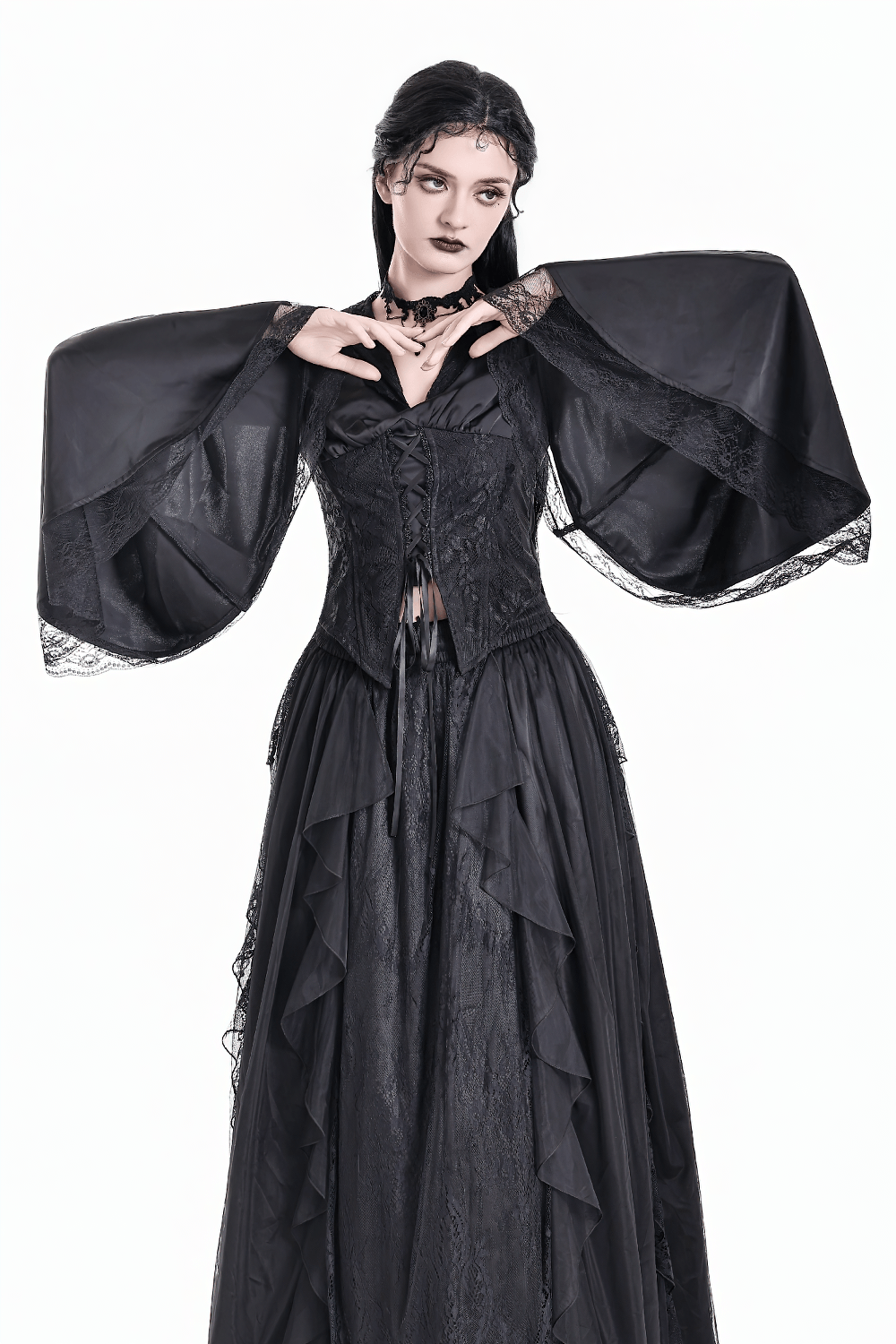 Gothic Victorian Hooded Lace Up Bell Sleeved Blouse